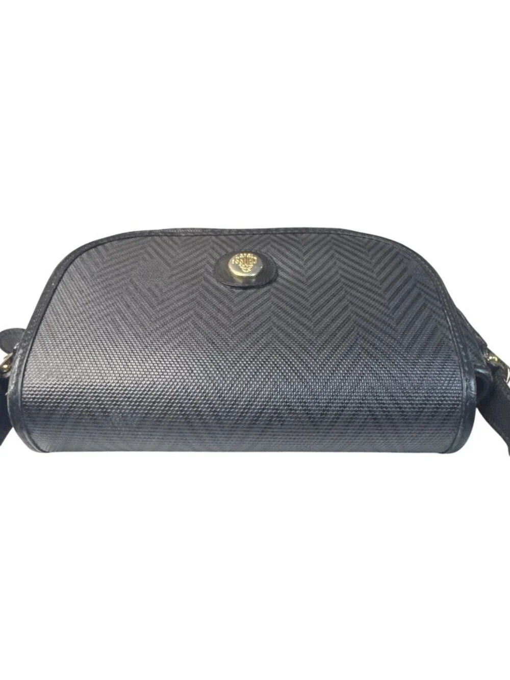 Mark Cross Black Textured Leather Crossbody Bag Chevron Pattern Gold Logo